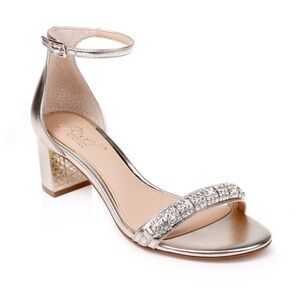 Gold with Rhinestones Ramsay Jewel Badgley Mischka Open Toe Block Heels Size 10